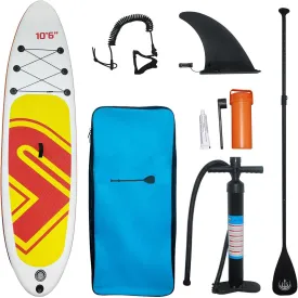 10'6" Inflatable Stand Up Paddle Board for Adults & Youth - 33" Wide Non-Slip Deck with Paddle, Pump, Backpack, Safety Leash, Repair Kit - All-Around Board for Lakes, Rivers, Ocean(Red Yellow)