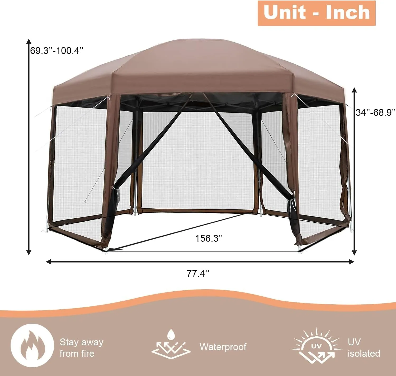 13’X13’ Gazebo Tent Hexagonal Outdoor Gazebo Waterproof Easy Setup Pop up Canopy Height Adjustable Camping Tent with Mosquito Netting Zippers for Patio Party Outdoor Backyard, Brown