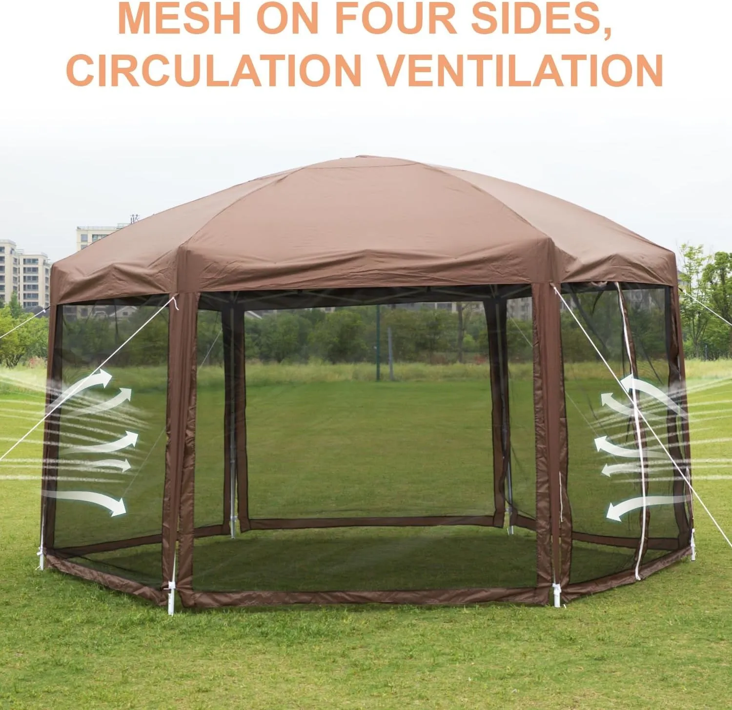 13’X13’ Gazebo Tent Hexagonal Outdoor Gazebo Waterproof Easy Setup Pop up Canopy Height Adjustable Camping Tent with Mosquito Netting Zippers for Patio Party Outdoor Backyard, Brown