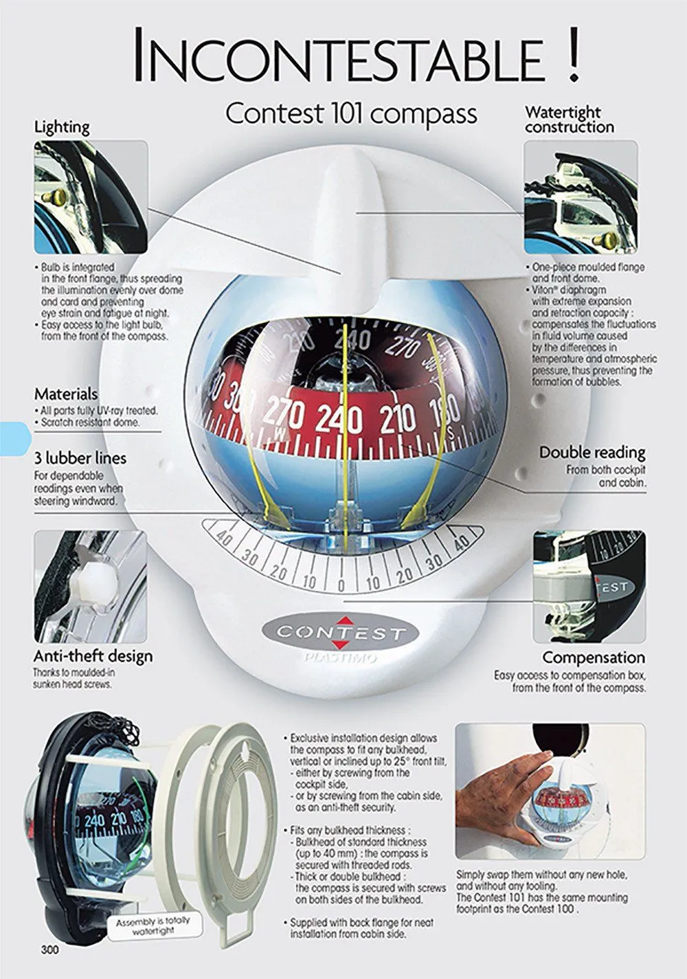 25487 - CONTEST 101 COMPASS - MOUNT INCLINED 10 TO 25 DEGREES - 64419 - WHITE COMPASS WITH RED CARD- PLASTIMO