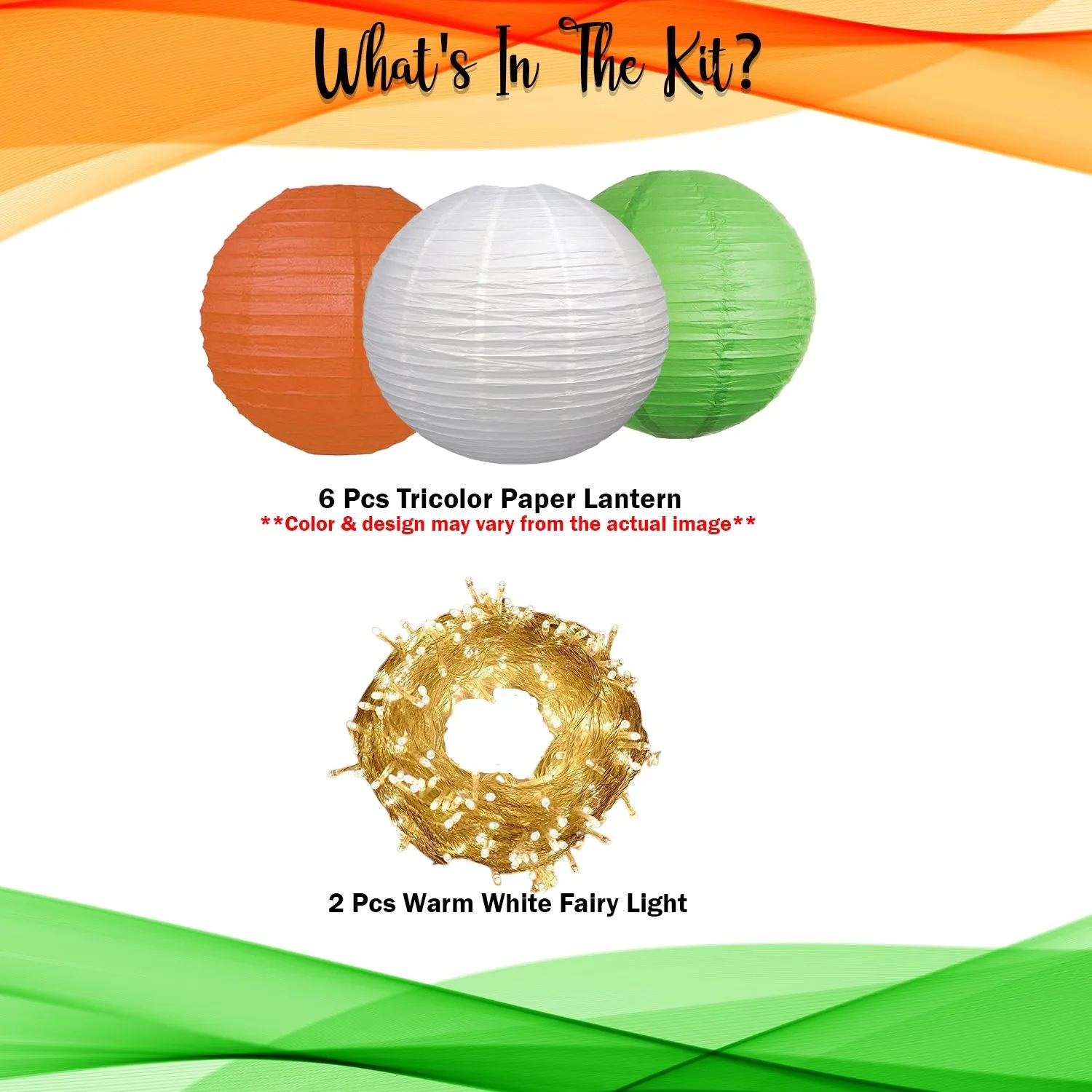 26 January Decoration Items - Pack of 8 Pcs - Tricolor Paper Lantern and Fairy Light