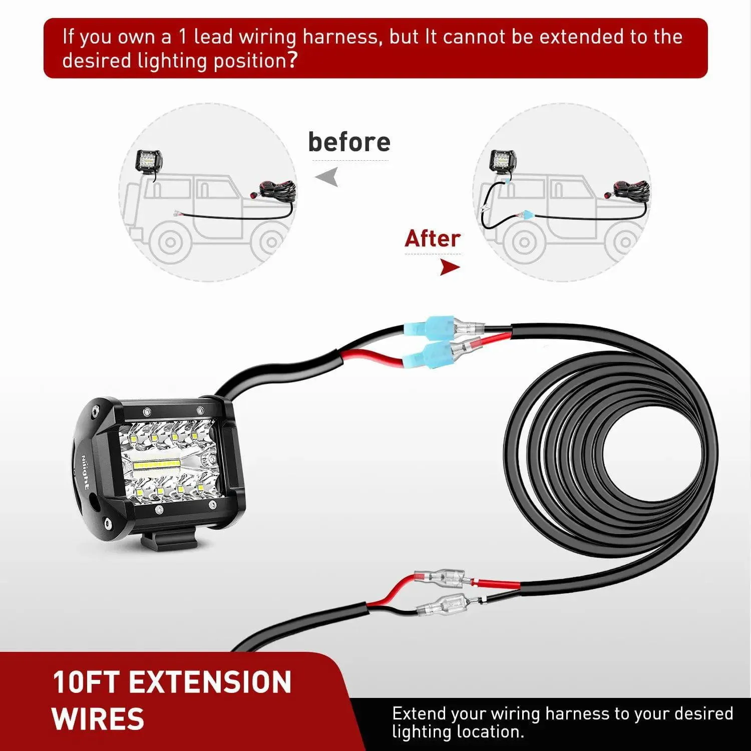 2PCS 16AWG 10FT Wire Extension Kit For LED Light Bar/Led Pods/LED Work Light