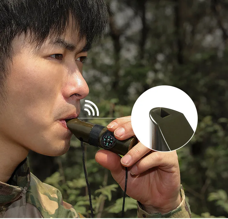 7 in 1 Survival Whistle Compass Thermometer LED Flashlight Mirror Magnifier