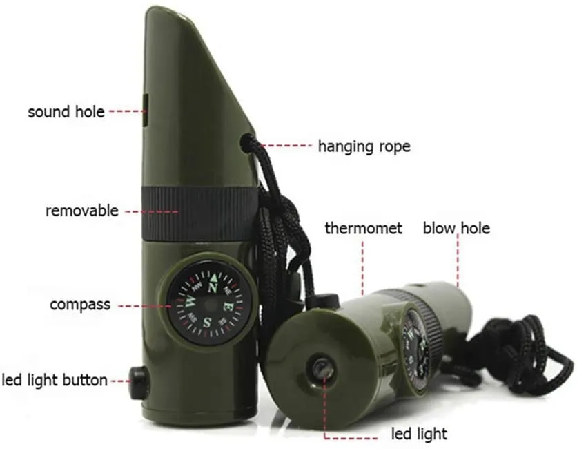 7 in 1 Survival Whistle Compass Thermometer LED Flashlight Mirror Magnifier