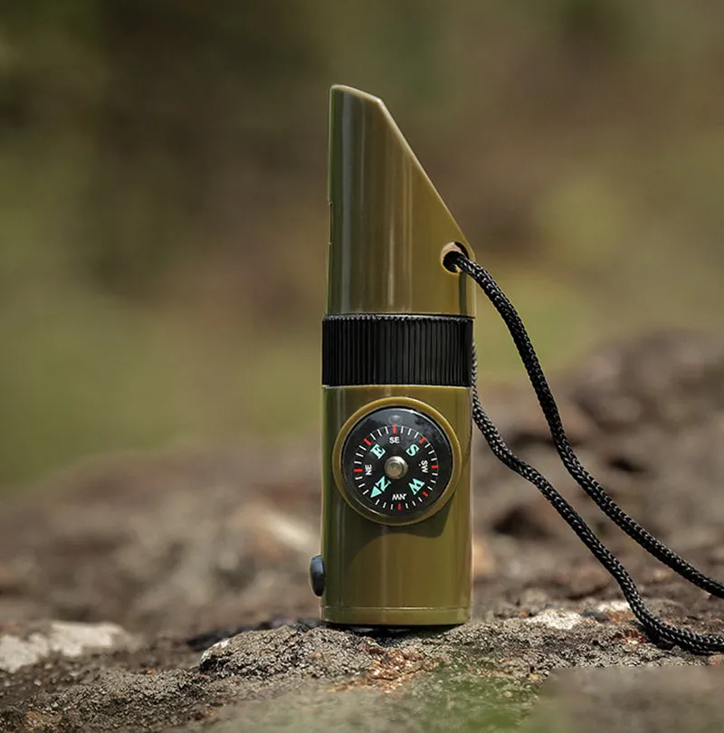 7 in 1 Survival Whistle Compass Thermometer LED Flashlight Mirror Magnifier