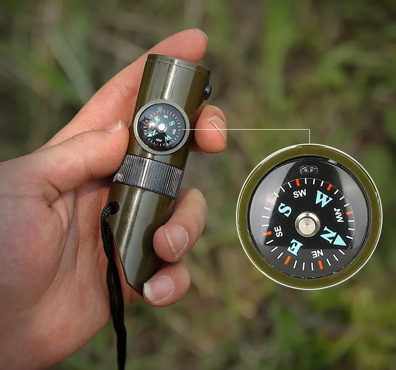 7 in 1 Survival Whistle Compass Thermometer LED Flashlight Mirror Magnifier
