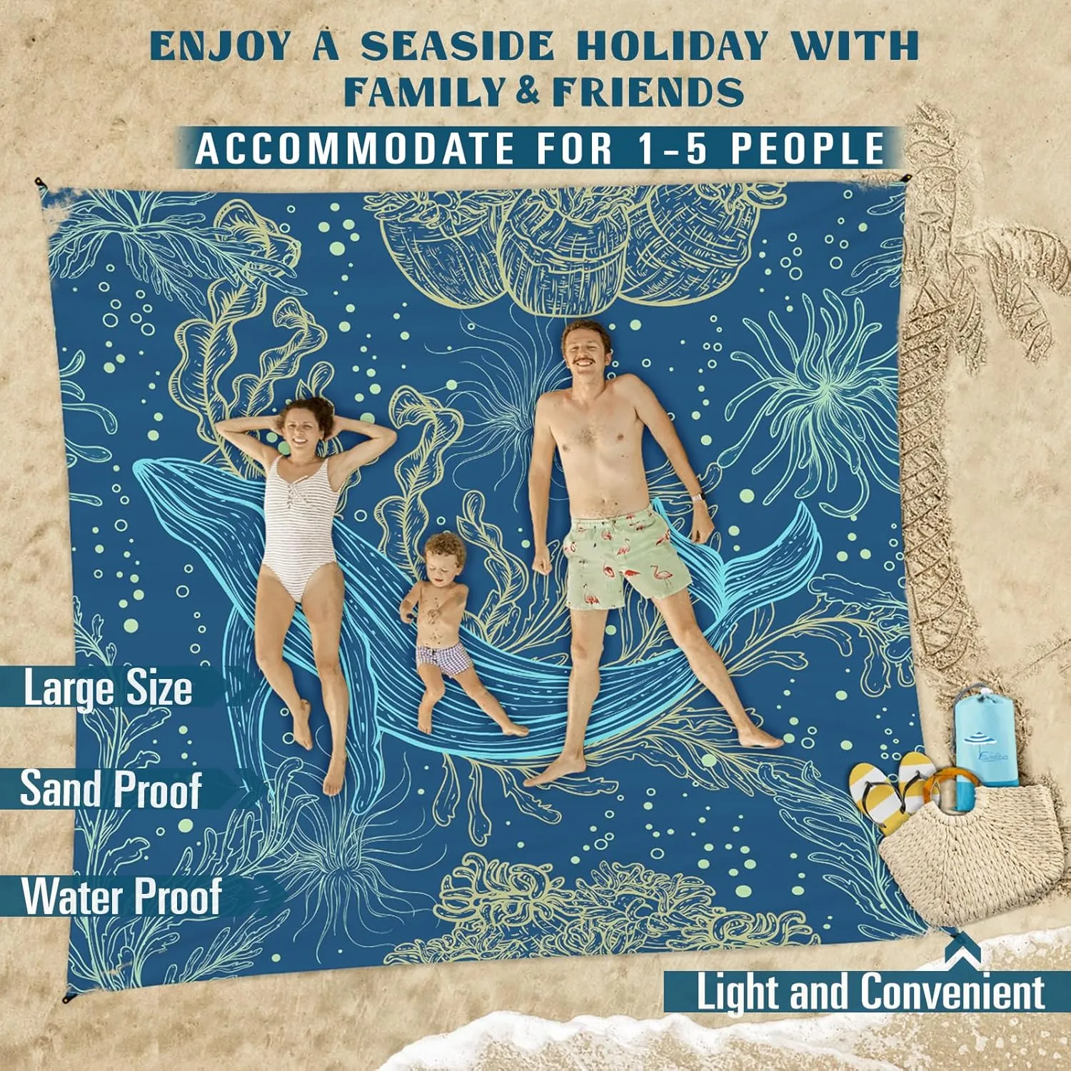 Beach Blanket Sandproof Waterproof 78''81''1-5Adults Oversized,Compact Lightweight Durable Beach Mat for Travel Camping Hiking Picnic Blanket