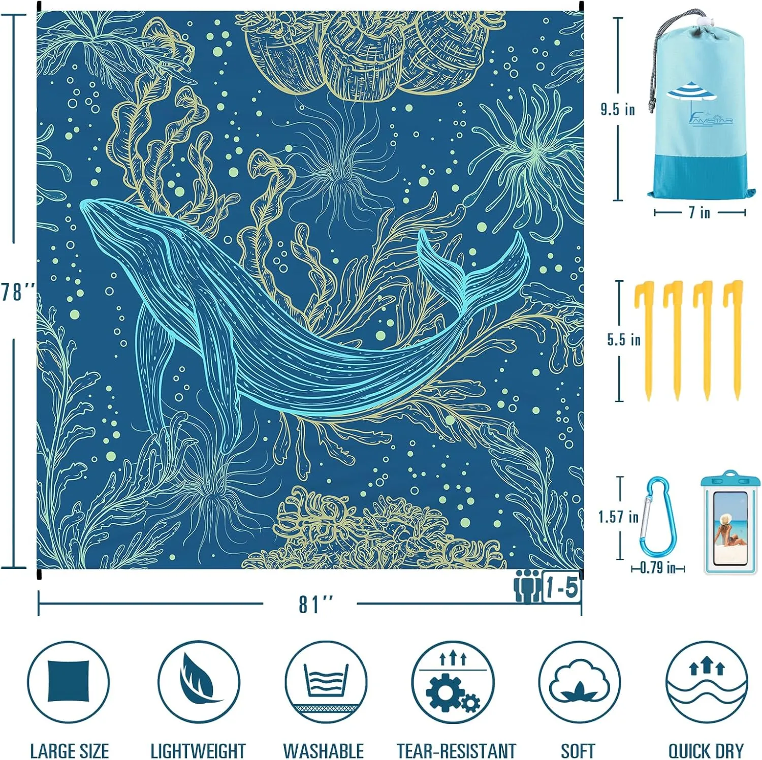 Beach Blanket Sandproof Waterproof 78''81''1-5Adults Oversized,Compact Lightweight Durable Beach Mat for Travel Camping Hiking Picnic Blanket