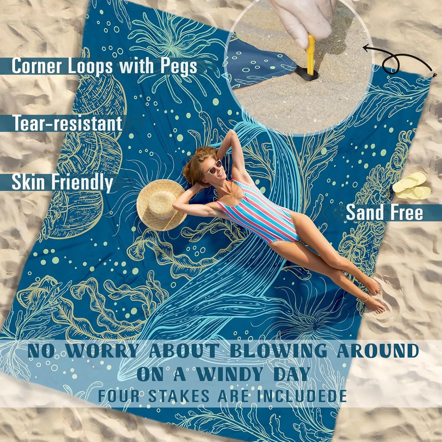 Beach Blanket Sandproof Waterproof 78''81''1-5Adults Oversized,Compact Lightweight Durable Beach Mat for Travel Camping Hiking Picnic Blanket