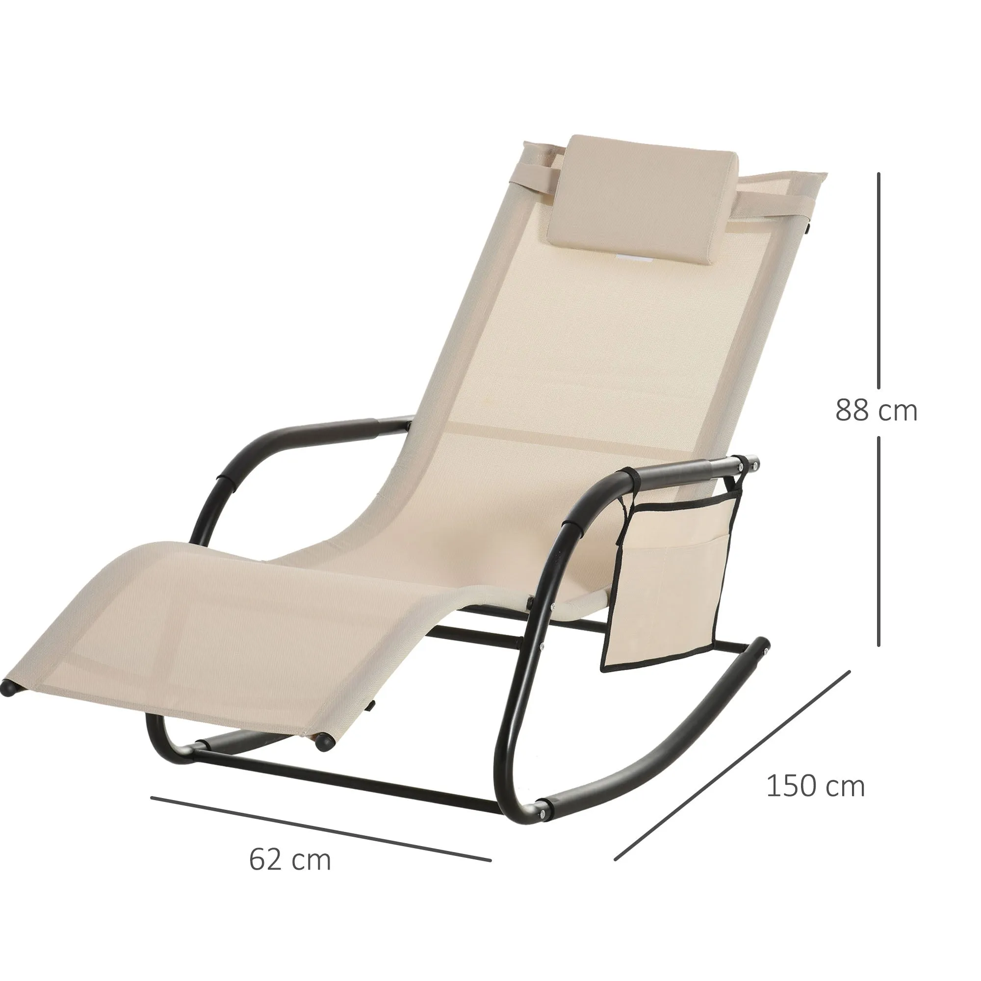 Breathable Mesh Rocking Chair Patio Rocker Lounge for Indoor & Outdoor Recliner Seat w/ Removable Headrest for Garden and Patio Cream White