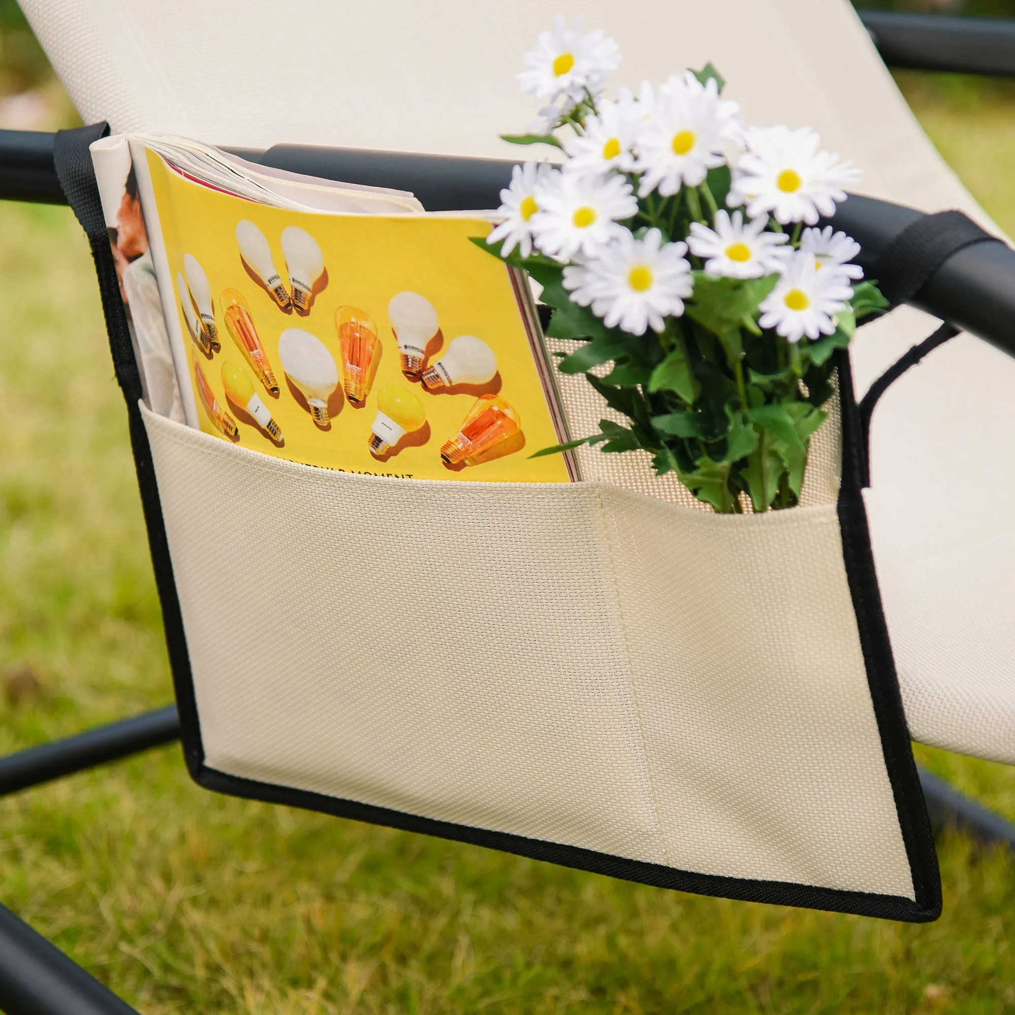 Breathable Mesh Rocking Chair Patio Rocker Lounge for Indoor & Outdoor Recliner Seat w/ Removable Headrest for Garden and Patio Cream White