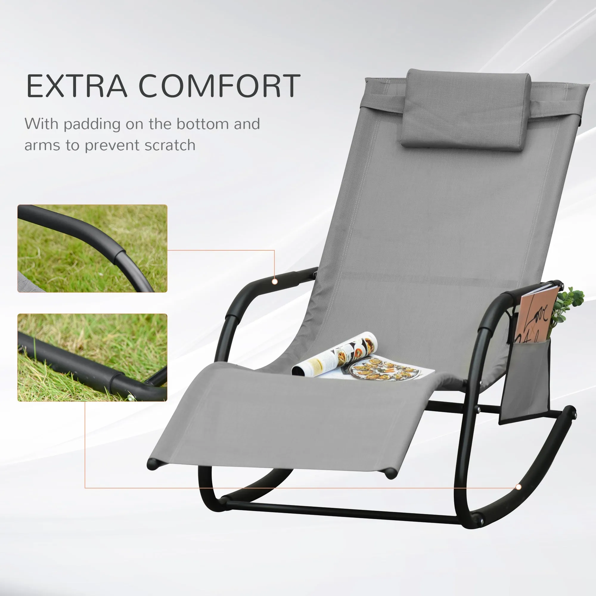 Breathable Mesh Rocking Chair Patio Rocker Lounge for Indoor & Outdoor Recliner Seat w/ Removable Headrest for Garden and Patio Grey