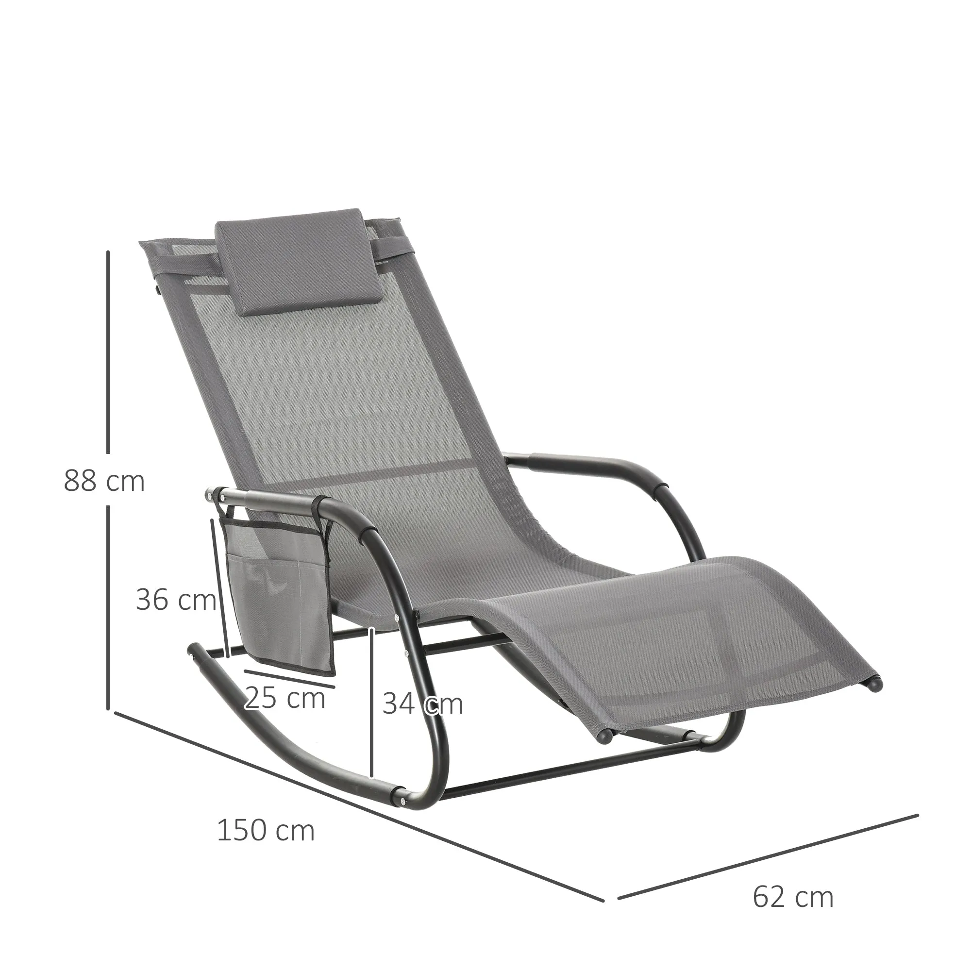 Breathable Mesh Rocking Chair Patio Rocker Lounge for Indoor & Outdoor Recliner Seat w/ Removable Headrest for Garden and Patio Grey