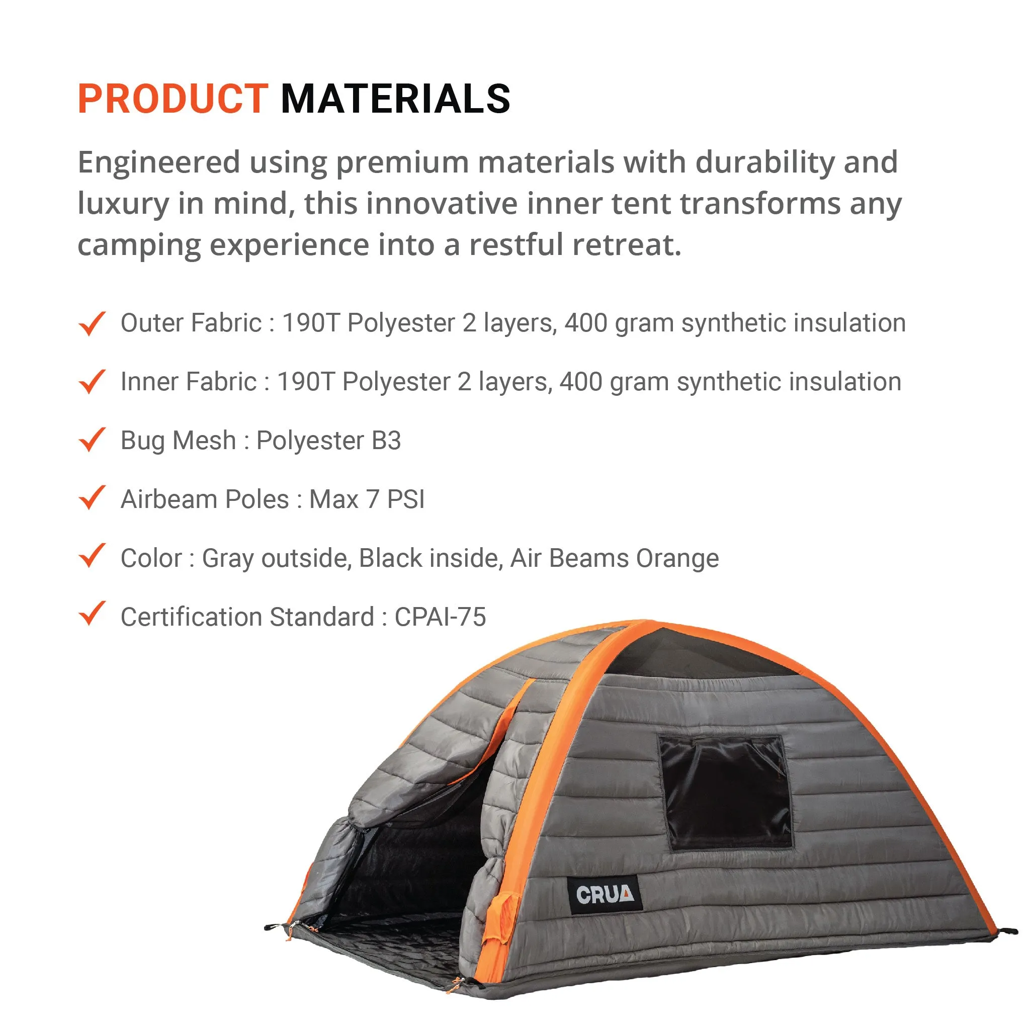 CULLA | 2 PERSON INSULATED INNER TENT WITH TEMPERATURE REGULATING, NOISE DAMPENING AND LIGHT BLOCKING FEATURES