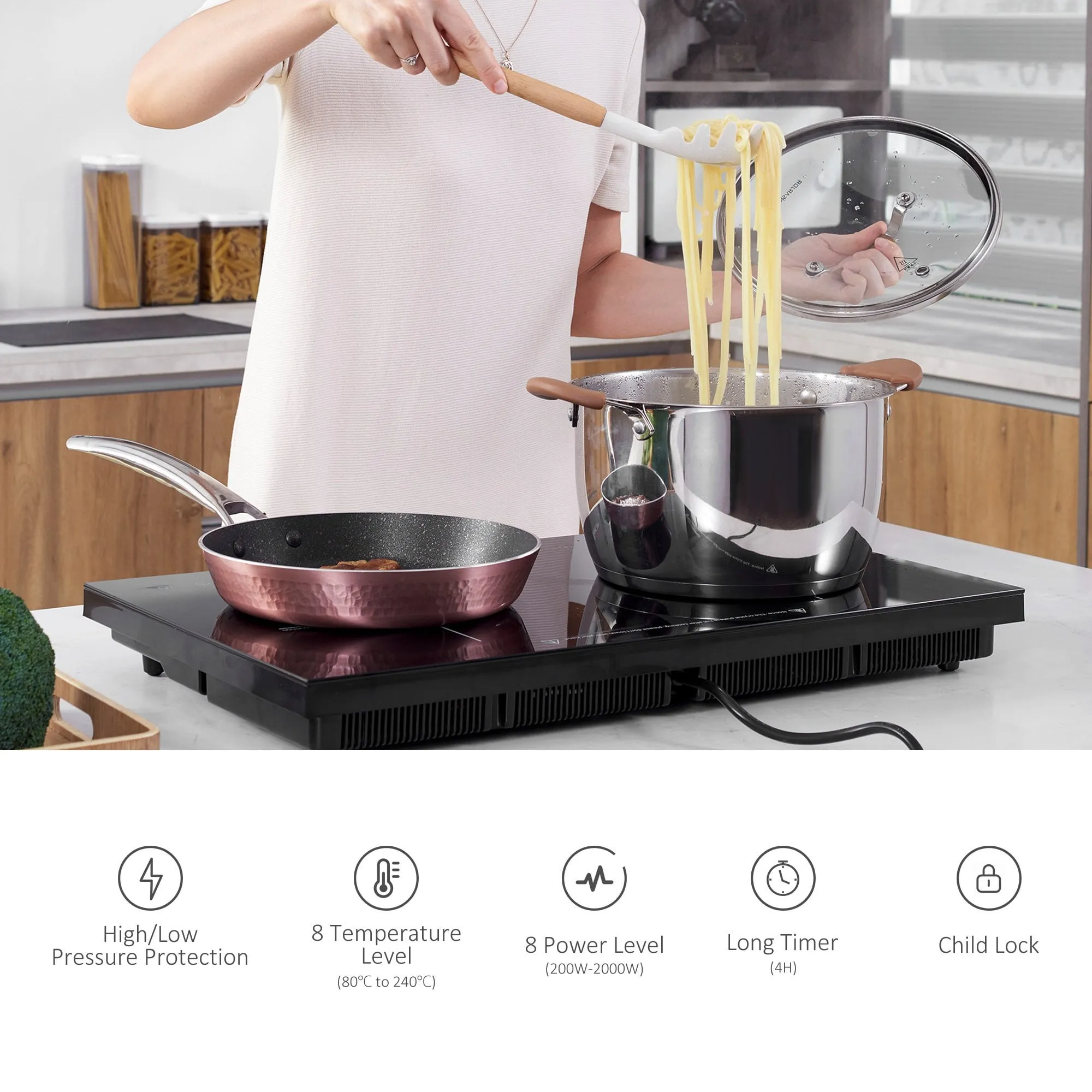HOMCOM Portable Induction Hob Double Induction Cooker 2800W Twin Hot Plate Electric Cooktop with 8 Power & Temperature Levels 4H Timer Child Lock Sensor Touch LED Display Crystal Glass w/