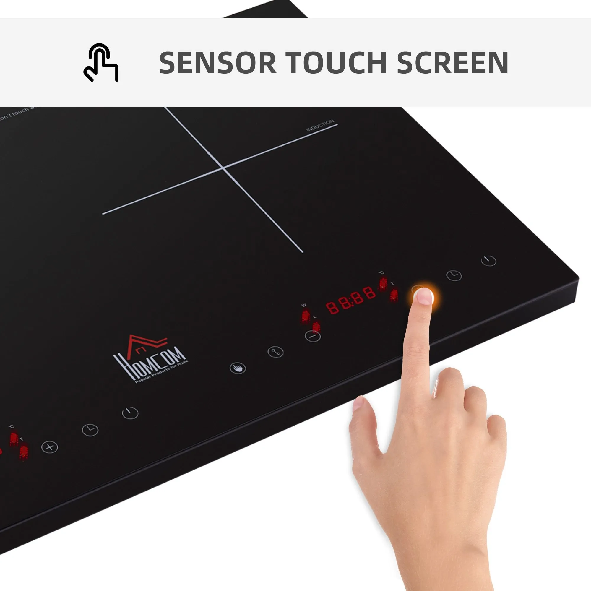 HOMCOM Portable Induction Hob Double Induction Cooker 2800W Twin Hot Plate Electric Cooktop with 8 Power & Temperature Levels 4H Timer Child Lock Sensor Touch LED Display Crystal Glass w/
