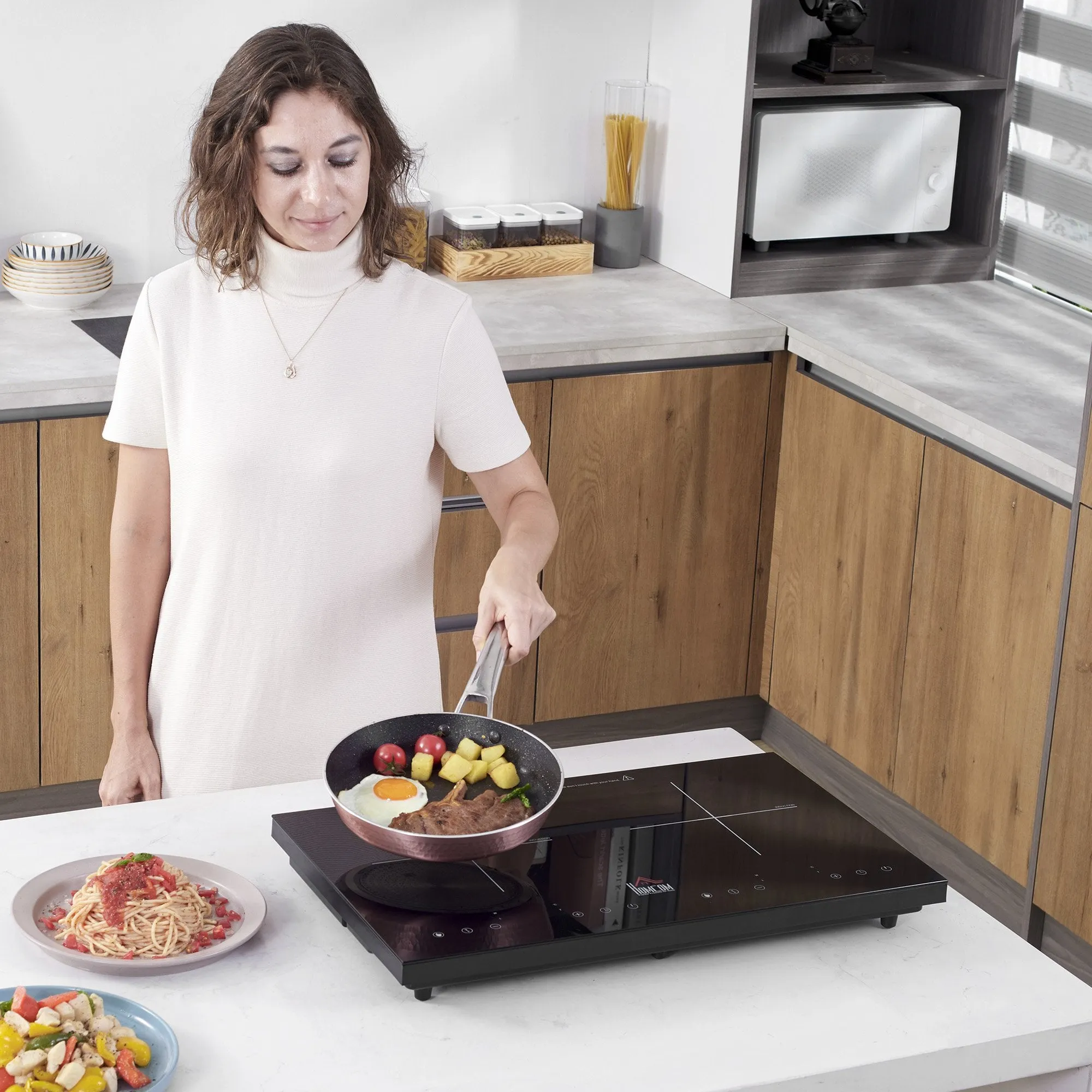 HOMCOM Portable Induction Hob Double Induction Cooker 2800W Twin Hot Plate Electric Cooktop with 8 Power & Temperature Levels 4H Timer Child Lock Sensor Touch LED Display Crystal Glass w/