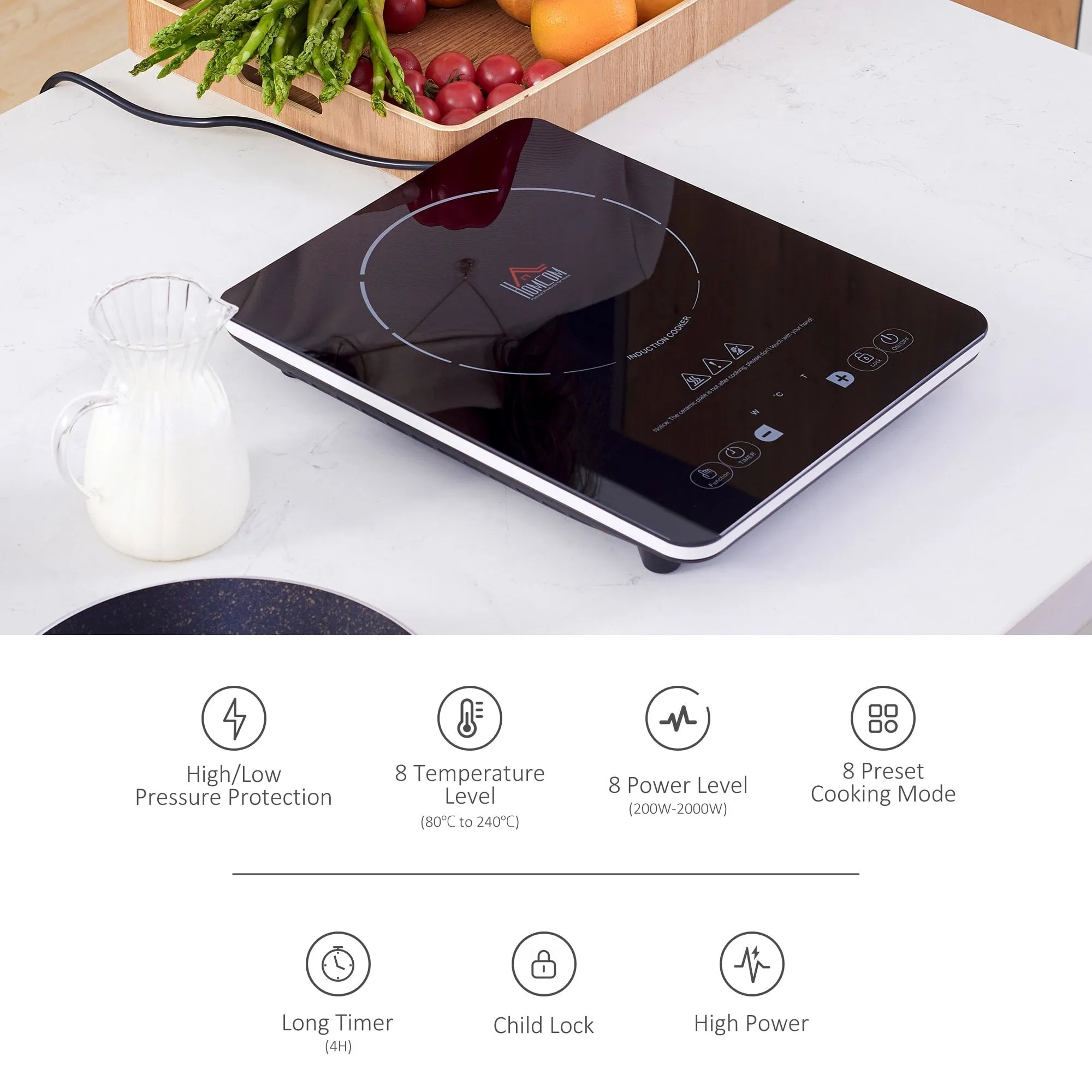 HOMCOM Portable Induction Hob Induction Cooker 2000W Single Hot Plate Electric Cooktop with 8 Power & Temperature Levels 4H Timer Child Lock Sensor Touch LED Display Ceramic Glass Panel Temp