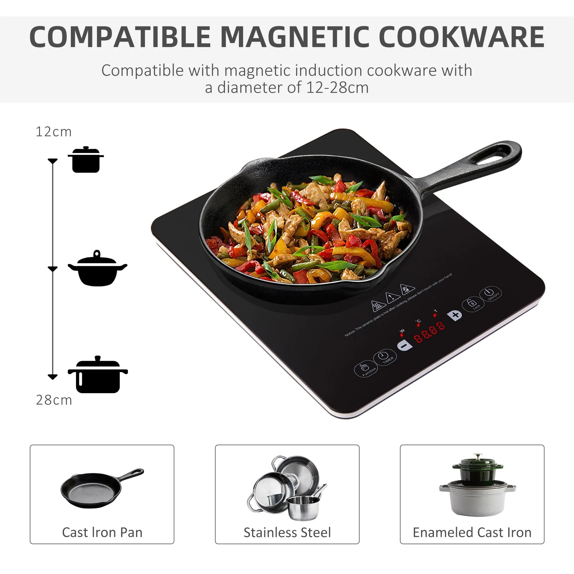 HOMCOM Portable Induction Hob Induction Cooker 2000W Single Hot Plate Electric Cooktop with 8 Power & Temperature Levels 4H Timer Child Lock Sensor Touch LED Display Ceramic Glass Panel Temp