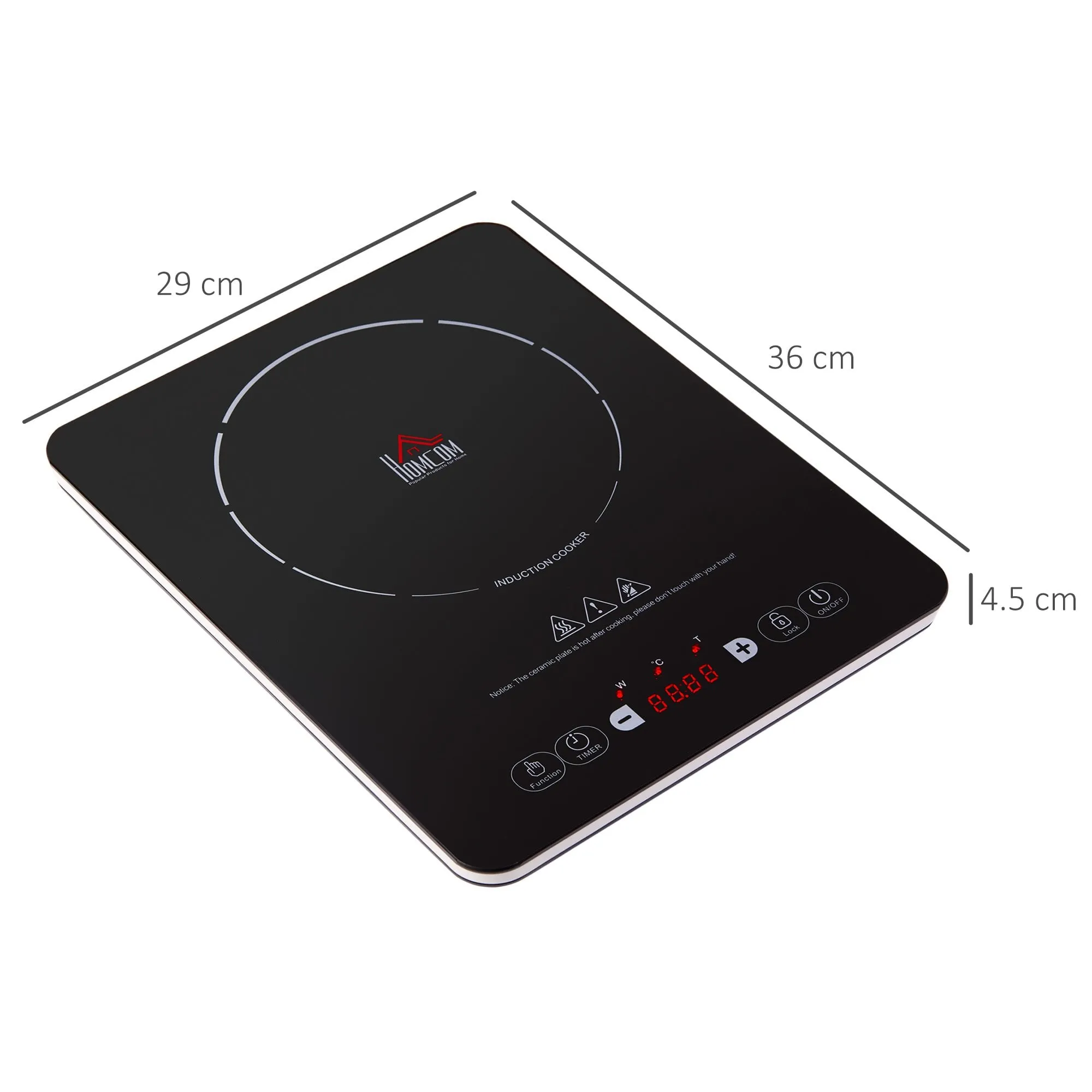 HOMCOM Portable Induction Hob Induction Cooker 2000W Single Hot Plate Electric Cooktop with 8 Power & Temperature Levels 4H Timer Child Lock Sensor Touch LED Display Ceramic Glass Panel Temp