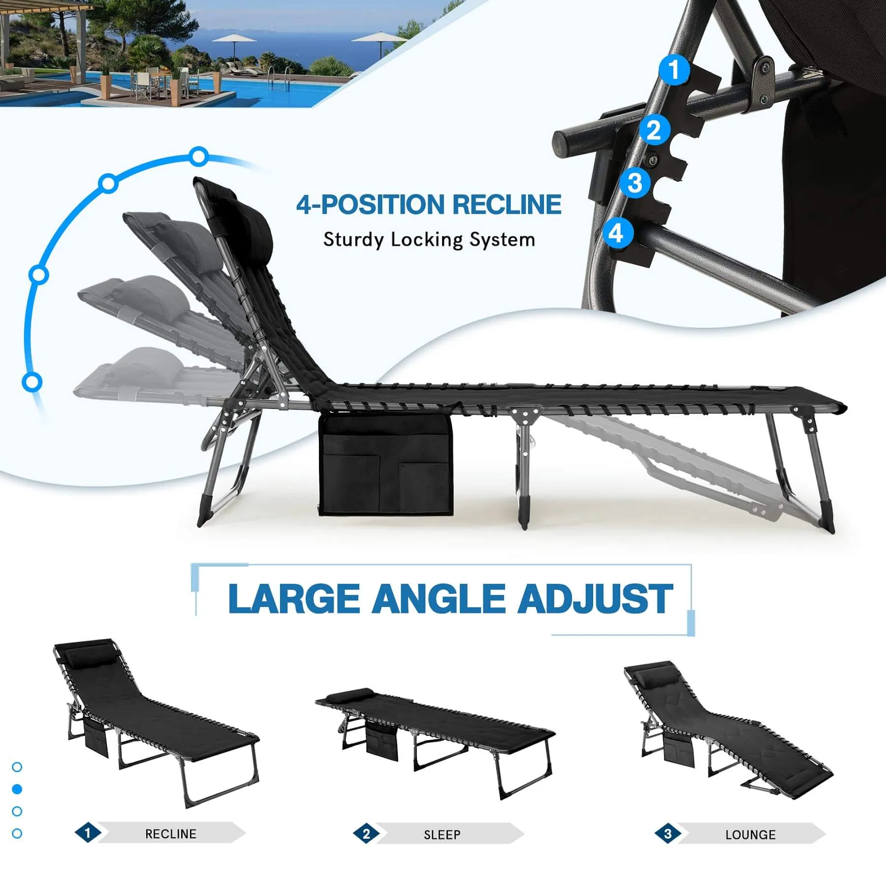 Patio Folding Chaise Lounge Chair Set of 2, Portable Outdoor Chair with Detachable Pocket and Pillow（Black）