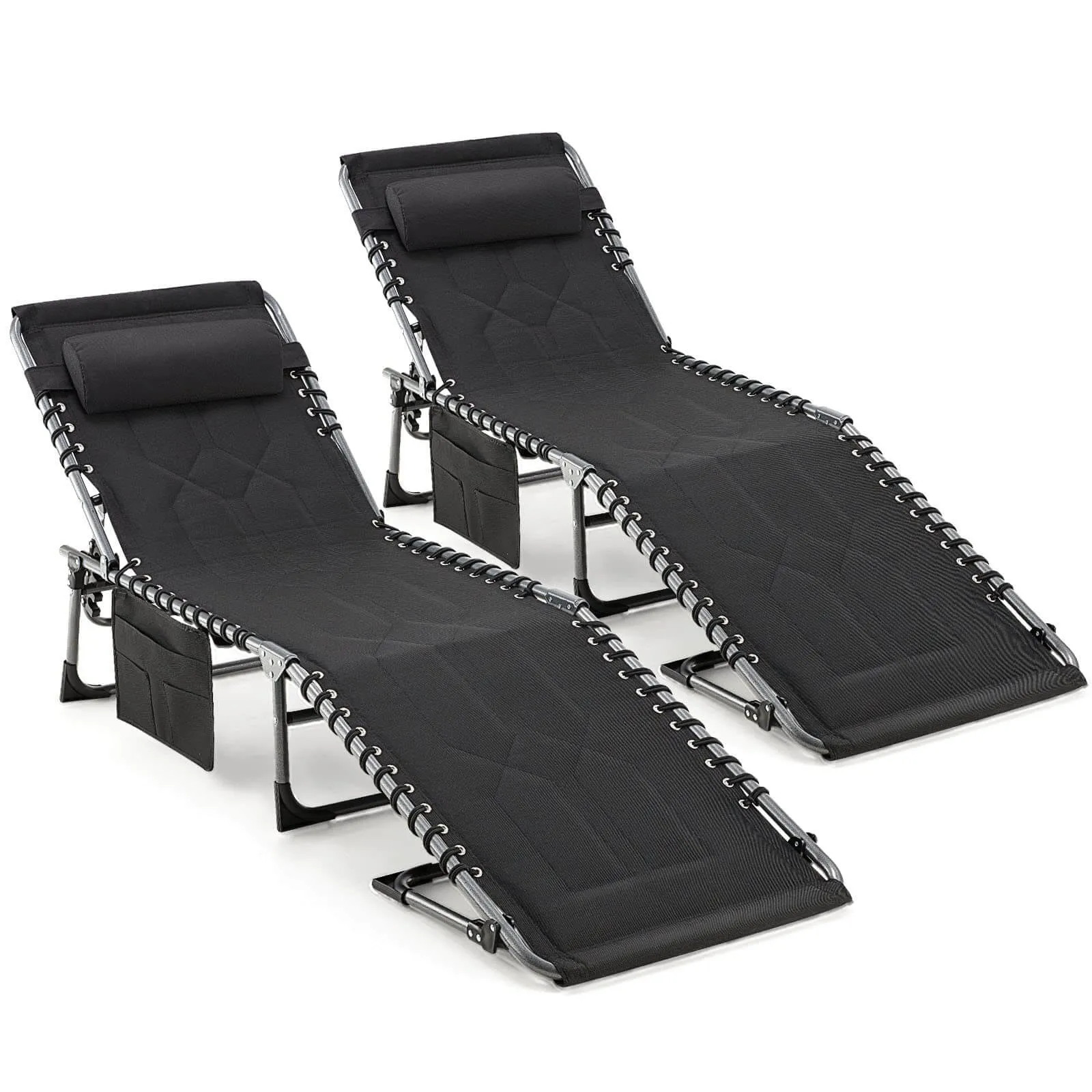 Patio Folding Chaise Lounge Chair Set of 2, Portable Outdoor Chair with Detachable Pocket and Pillow（Black）