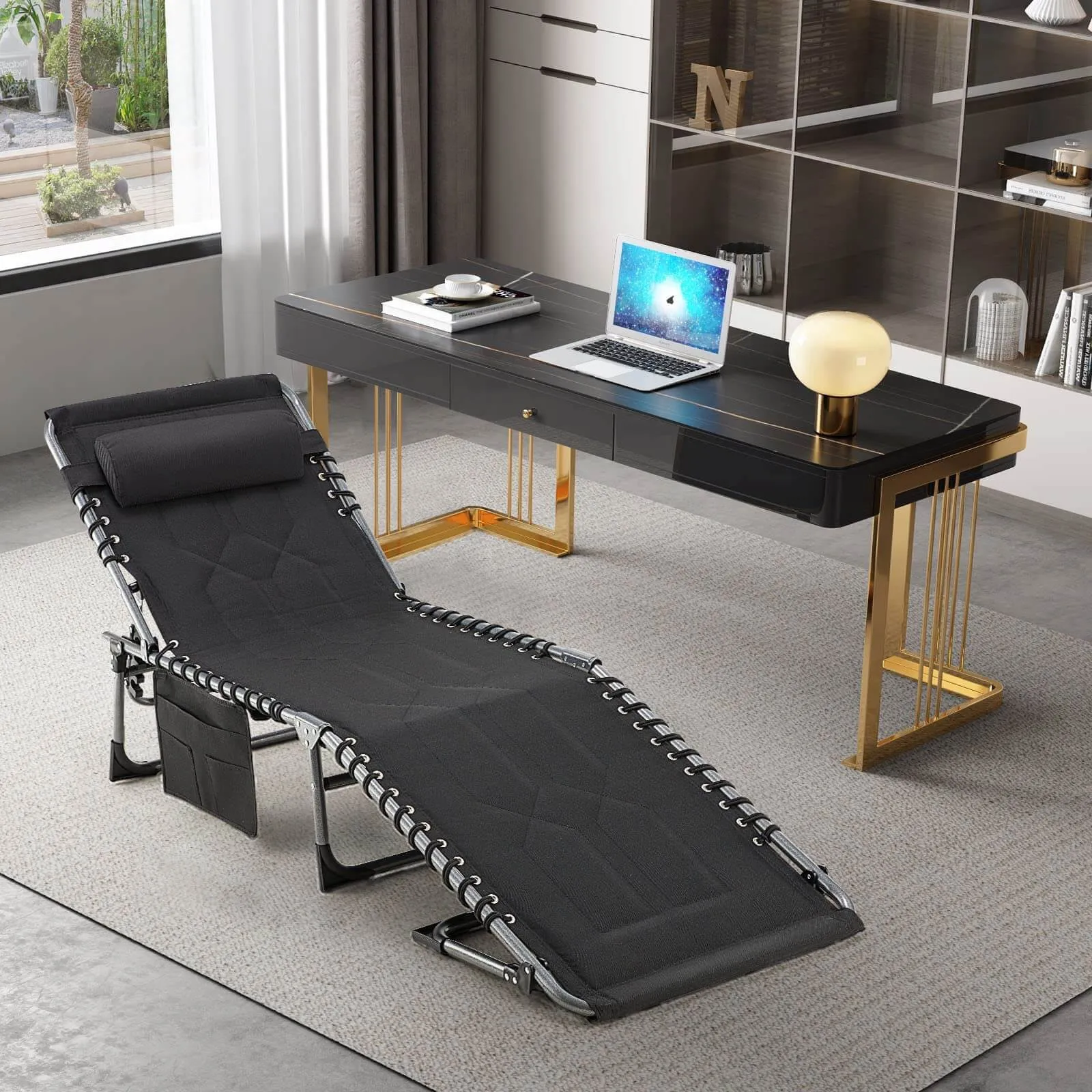 Patio Folding Chaise Lounge Chair Set of 2, Portable Outdoor Chair with Detachable Pocket and Pillow（Black）