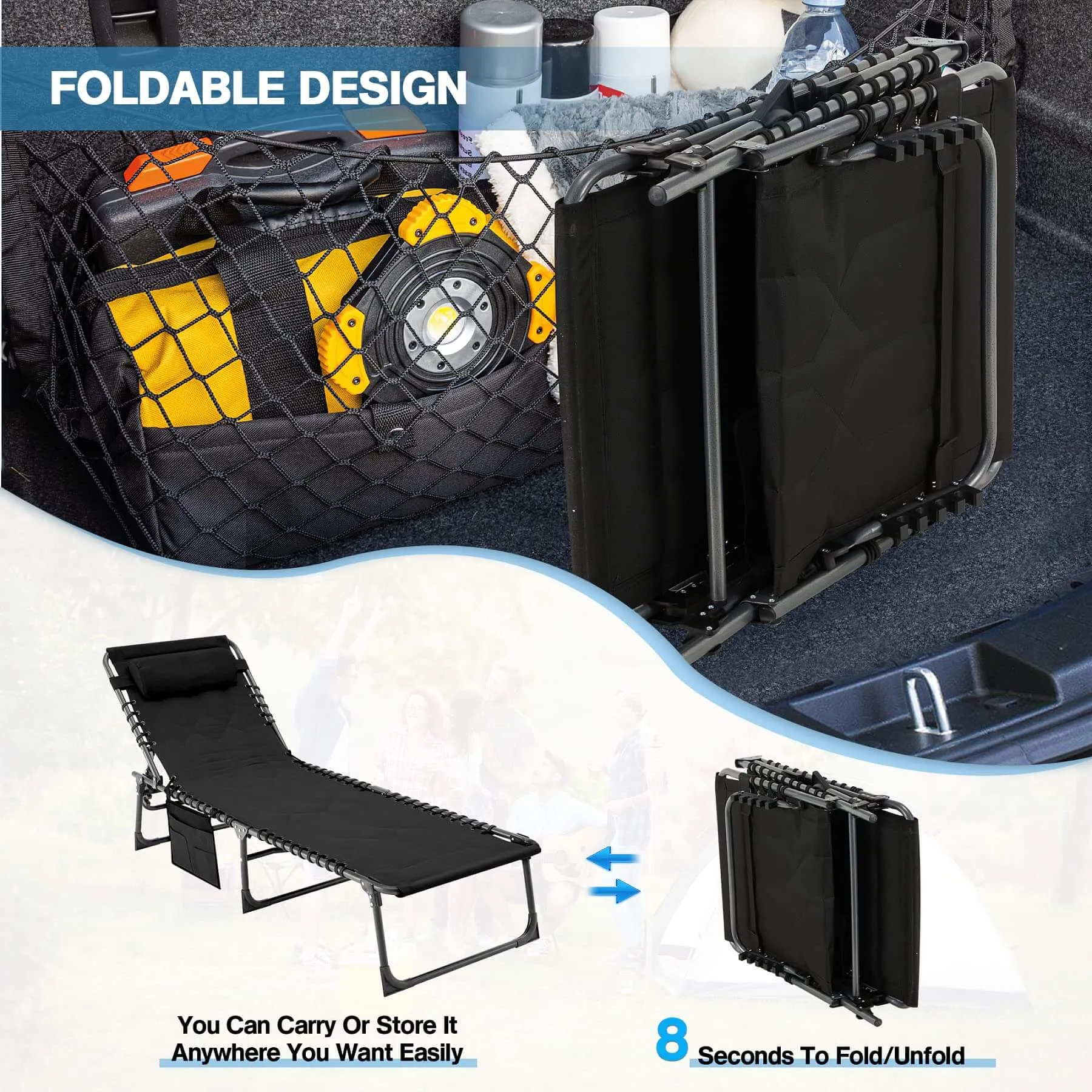 Patio Folding Chaise Lounge Chair Set of 2, Portable Outdoor Chair with Detachable Pocket and Pillow（Black）
