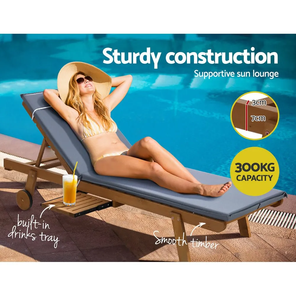 Set of 2 Wooden Sun Loungers Wheel Patio Grey