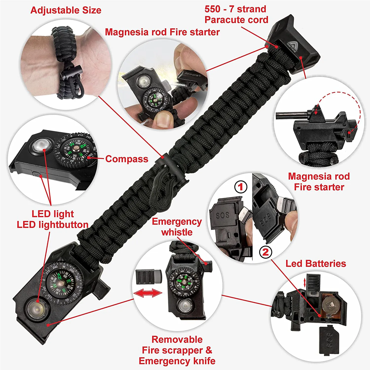 The Outdoorsman - Flashlight Survival Bracelet (Army Green) with Compass/Smart LED Light/Fire Starter/Blade/Whistle/Paracord (6-in-1 tool).
