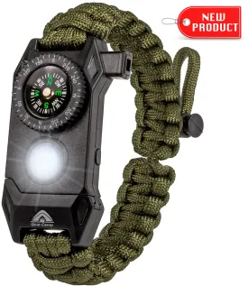The Outdoorsman - Flashlight Survival Bracelet (Army Green) with Compass/Smart LED Light/Fire Starter/Blade/Whistle/Paracord (6-in-1 tool).