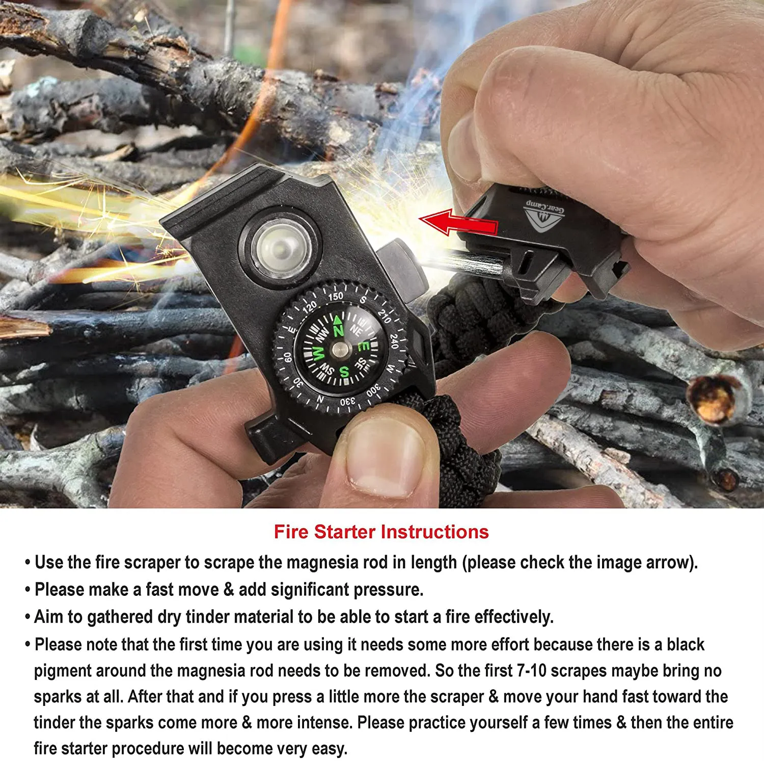 The Outdoorsman - Flashlight Survival Bracelet (Army Green) with Compass/Smart LED Light/Fire Starter/Blade/Whistle/Paracord (6-in-1 tool).