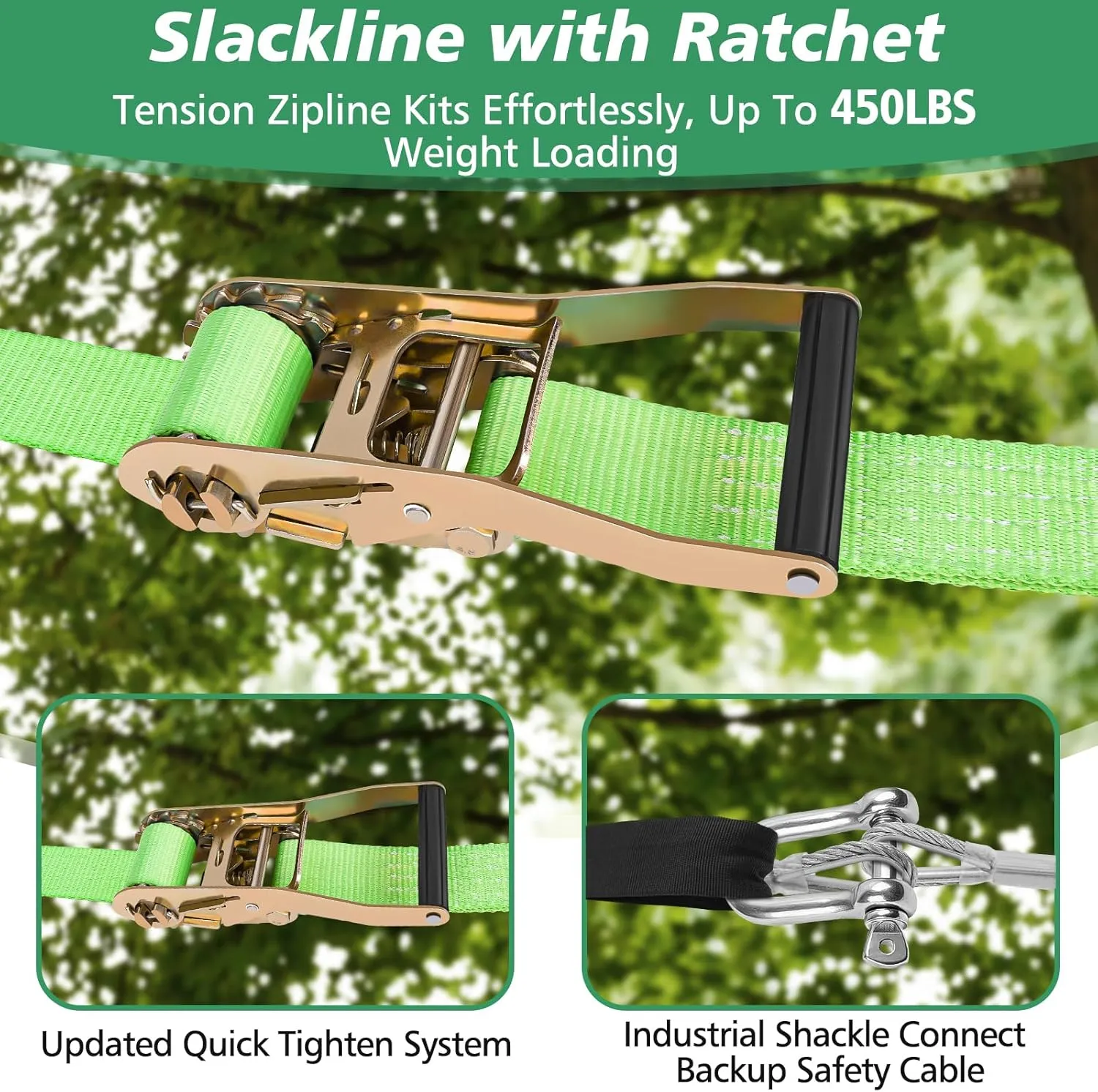 X XBEN Zip line Kit for Kids and Adults Outdoor: Up to 500Lbs - 120FT Quick Tighten Zipline for Backyard with Removable Trolley Swing Seat Spring Brake Ratchet Strap