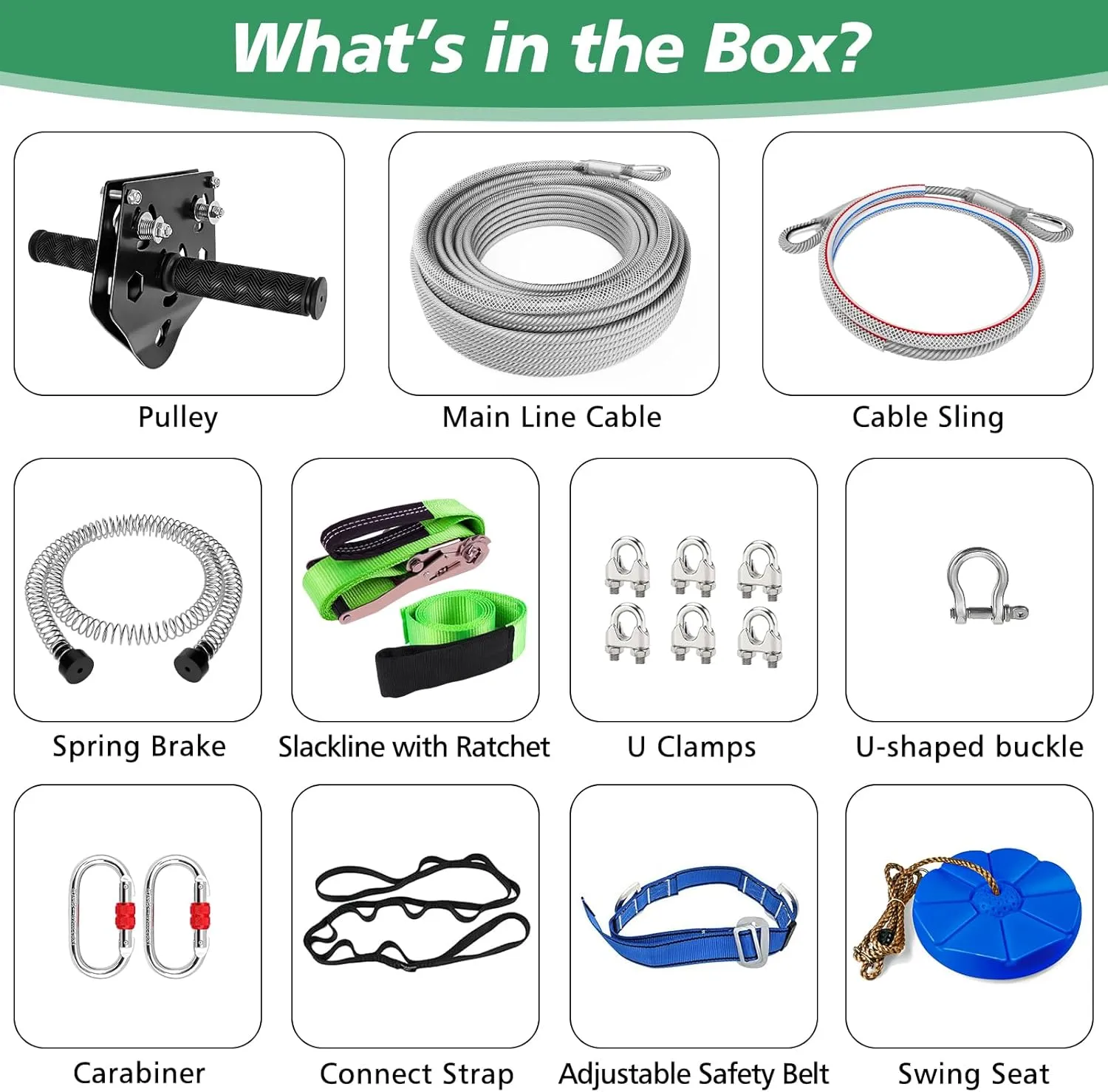 X XBEN Zip line Kit for Kids and Adults Outdoor: Up to 500Lbs - 120FT Quick Tighten Zipline for Backyard with Removable Trolley Swing Seat Spring Brake Ratchet Strap