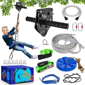 X XBEN Zip line Kit for Kids and Adults Outdoor: Up to 500Lbs - 120FT Quick Tighten Zipline for Backyard with Removable Trolley Swing Seat Spring Brake Ratchet Strap