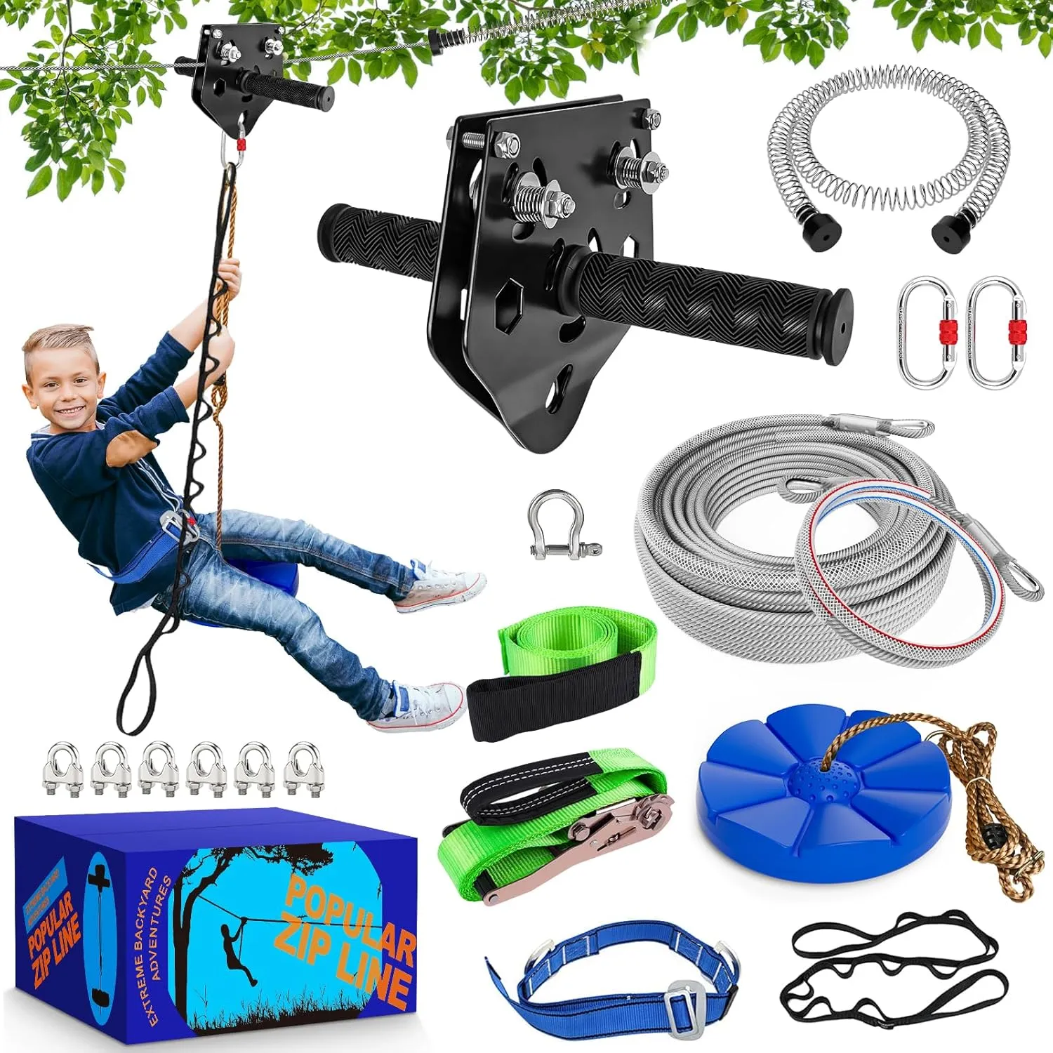 X XBEN Zip line Kit for Kids and Adults Outdoor: Up to 500Lbs - 120FT Quick Tighten Zipline for Backyard with Removable Trolley Swing Seat Spring Brake Ratchet Strap