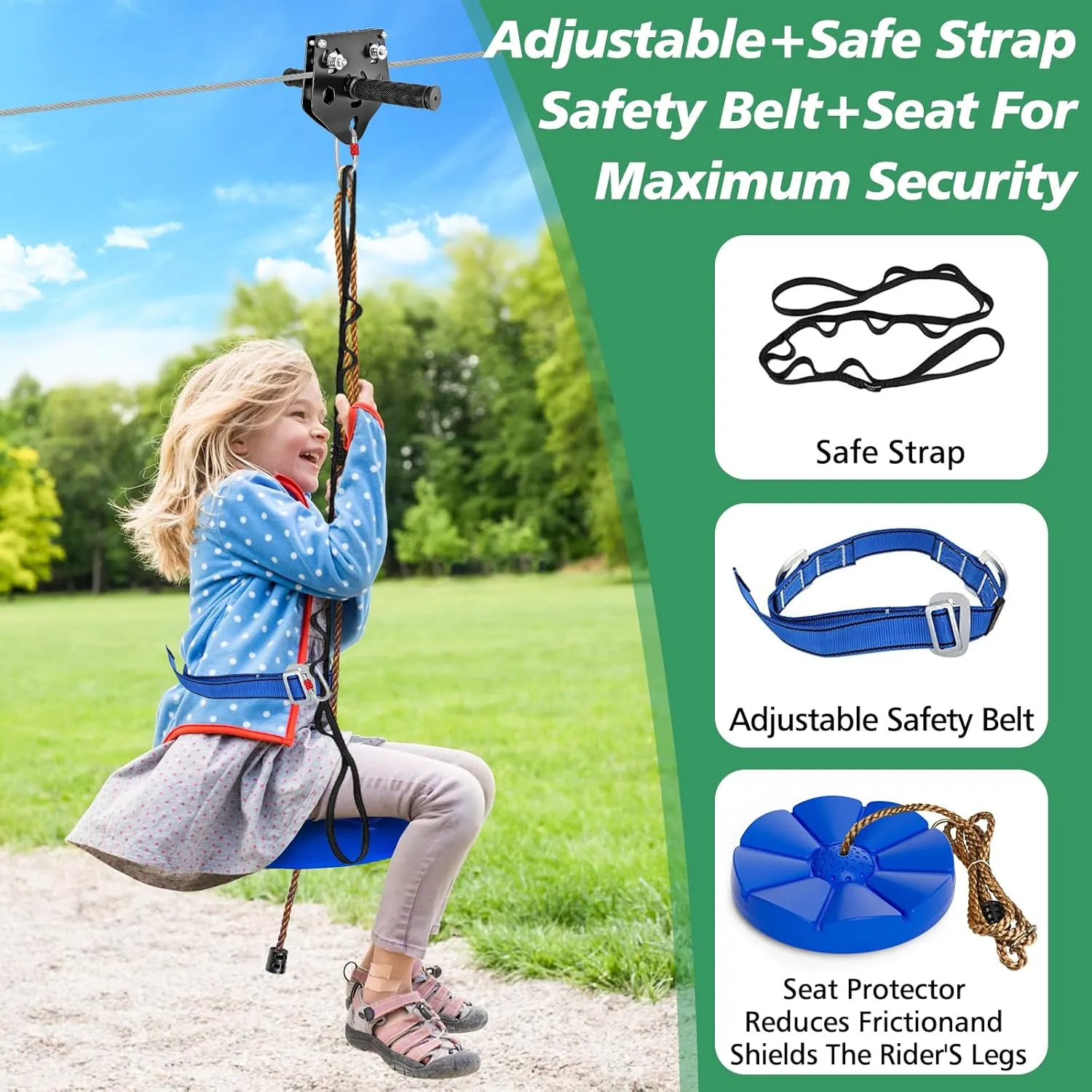 X XBEN Zip line Kit for Kids and Adults Outdoor: Up to 500Lbs - 120FT Quick Tighten Zipline for Backyard with Removable Trolley Swing Seat Spring Brake Ratchet Strap