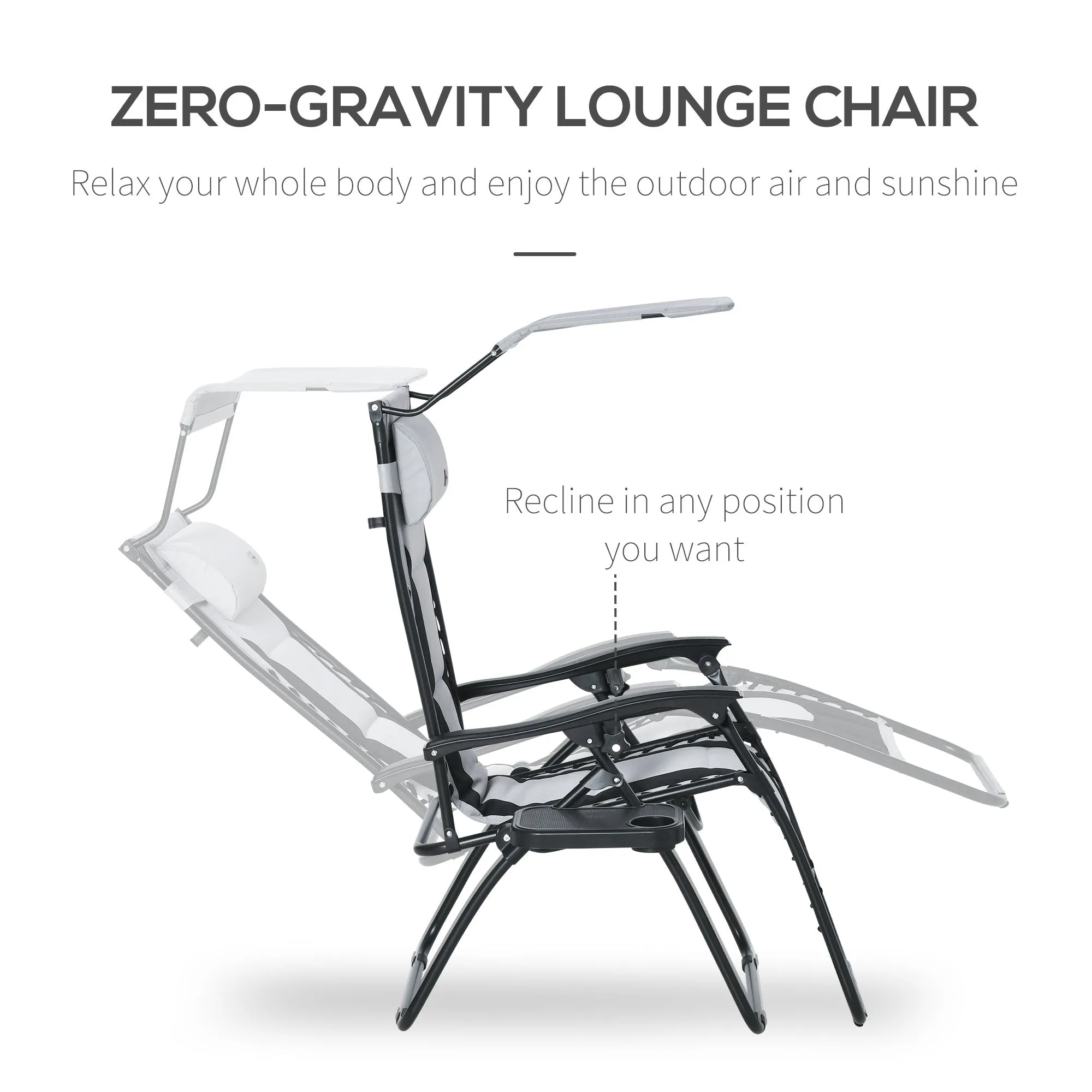 Zero Gravity Lounger Chair, Folding Reclining Patio Chair with Shade Cover, Cup Holder, Soft Cushion and Headrest for Poolside, Camping, Grey