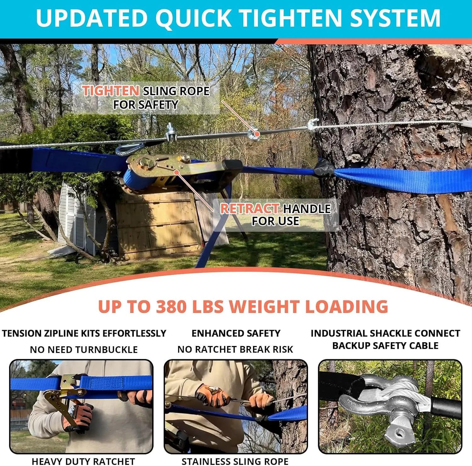Zip Line Kit for Kids Adults : Up to 380Lbs 150FT Quick Tighten Zipline for Backyard Outdoor with 100% Rust Proof Removable Trolley Seat Spring Brake
